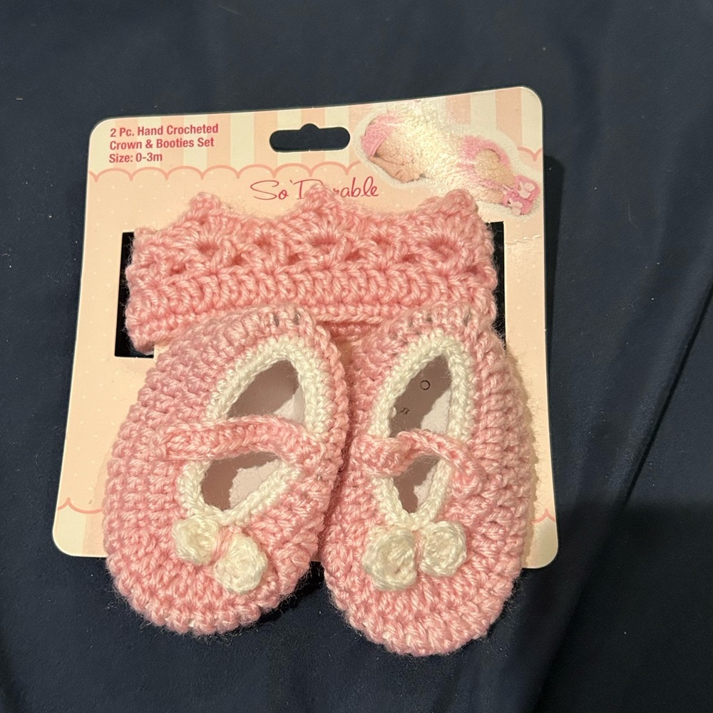 Crocheted Baby Crown & Booties Set, Pink, 0-3 Months, So Dorable
